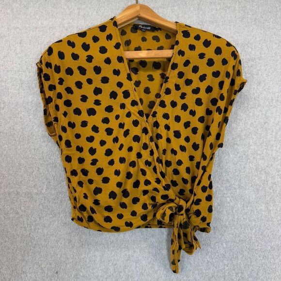 Madewell Womens Black Polka Dot Animal Print Wrap Top Blouse Shirt Dotted Orange - Picture 1 of 11